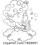 Poster, Art Print Of Cartoon Black And White Valentines Day Cupid Playing A Lyre On A Cloud