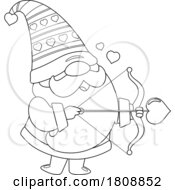 Cartoon Black And White Valentines Day Gnome Aiming Cupids Arrow