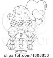 Cartoon Black And White Valentines Day Gnome With Heart Balloons