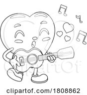 Poster, Art Print Of Cartoon Black And White Valentines Day Heart Mascot Playing A Guitar