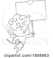 Cartoon Black And White Valentines Day Cupid With A Sign