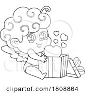 Cartoon Black And White Valentines Day Cupid With A Gift