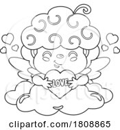Cartoon Black And White Valentines Day Cupid With A Heart On A Cloud