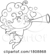 Cartoon Black And White Valentines Day Cupid With A Horn