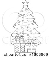 Poster, Art Print Of Cartoon Black And White Christmas Tree With Gifts