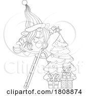 Cartoon Black And White Christmas Gnome Putting A Star On A Tree