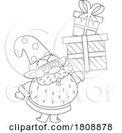 Cartoon Black And White Christmas Santa Gnome Carrying Gifts