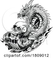 Poster, Art Print Of Black And White Chinese Dragon With A Skull