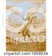 Cowboy Riding Horse In Plains Of Wild West WPA Poster Art