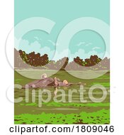 Poster, Art Print Of Hippopotamus In Loango National Park Gabon In Central Africa Art Deco Wpa Poster Art
