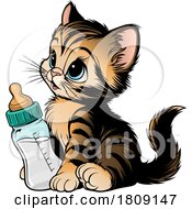Cartoon Cute Baby Tabby Kitten With A Bottle