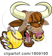 Poster, Art Print Of Bull Minotaur Longhorn Cow Softball Mascot Cartoon