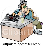 Cartoon Male Disc Jockey Changing A Vinyl Record And Talking Into A Mic