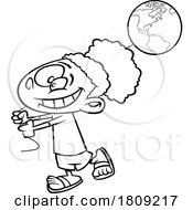 Clipart Black And White Cartoon Of A Girl With An Earth Day Balloon