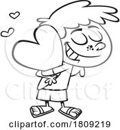 Clipart Black And White Cartoon Of A Girl Hugging A Valentine Heart