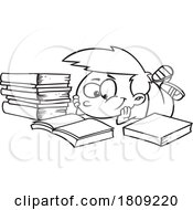 Clipart Black And White Cartoon Of A Boy Resting On The Ground And Reading A Book