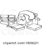 Clipart Black And White Cartoon Of A Boy Resting On The Ground And Reading A Book