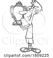 Clipart Black And White Cartoon Of A Tennis Champion Holding A Trophy