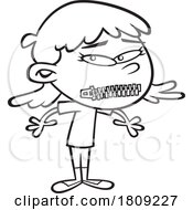 Poster, Art Print Of Clipart Black And White Cartoon Of A Girl With A Zipped Mouth