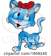 Cartoon Happy Blue Cat Wearing A Red Bow