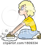 Cartoon Blond Woman Scrubbing Floors