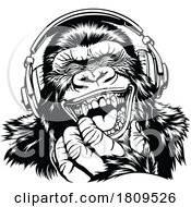 Poster, Art Print Of Black And White Laughing Gorilla Wearing Headphones