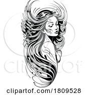 Black And White Woman With Long Hair And Feathers