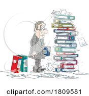 Cartoon Scared Businessman With Stacks Of Books To Deal With