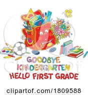 03/13/2024 - Cartoon Backpack Mascot With Goodbye Kindergarten Hello First Grade Text