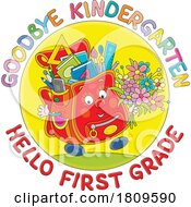 03/13/2024 - Cartoon Backpack Mascot With Goodbye Kindergarten Hello First Grade Text