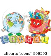 Poster, Art Print Of Cartoon Globe And Backpack Mascots With Letter Blocks Spelling School