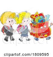 Poster, Art Print Of Cartoon Children Walking With A Backpack Mascot