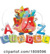 Poster, Art Print Of Cartoon Backpack Mascot With Letter Blocks Spelling School