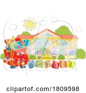 Poster, Art Print Of Cartoon Backpack Mascot With Letter Blocks Outside A School