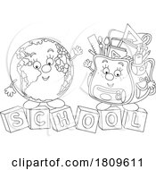 Cartoon Globe And Backpack Mascots With Letter Blocks Spelling School
