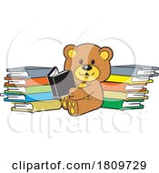Poster, Art Print Of Cartoon Bear Reading A Book By Stacks In A Library