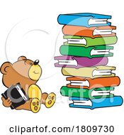 Cartoon Bear Holding A Book By Stacks In A Library
