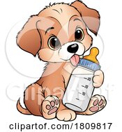 Poster, Art Print Of Cartoon Cute Puppy Dog With A Bottle