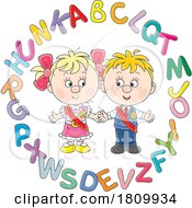 Poster, Art Print Of Licensed Clipart Cartoon School Kids In A Circle Of Alphabet Letters