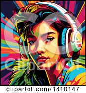Poster, Art Print Of Young Woman With Headphones Over A Color Burst