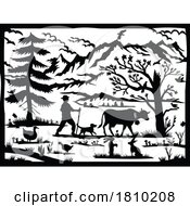 Poster, Art Print Of Swiss Alps With Farmer Dog And Cow Fir Tree Swiss Scherenschnitt Paper Cut Style