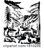 Poster, Art Print Of Ibex In Swiss National Park Switzerland Swiss Scherenschnitt Paper Cut Style