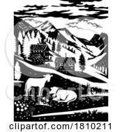 Poster, Art Print Of Chalet In Binntal Nature Park In Binn Switzerland Swiss Scherenschnitt Paper Cut Style