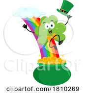04/10/2024 - Shamrock Mascot Sliding Down A Rainbow To A Pot Of Gold Licensed Clipart Cartoon