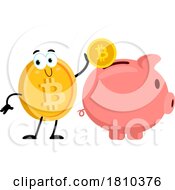 Bitcoin Mascot Making A Piggy Bank Deposit Licensed Clipart Cartoon by Hit Toon