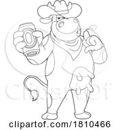 Poster, Art Print Of Cow Mascot With A Drink Black And White Clipart Cartoon