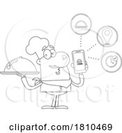 Chef With A Cloche And Phone App Black And White Clipart Cartoon