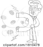 Poster, Art Print Of Businessman Using A Magnet To Attract Money Black And White Clipart Cartoon