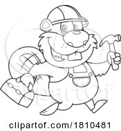 Poster, Art Print Of Worker Beaver With A Tool Box And Hammer Black And White Clipart Cartoon