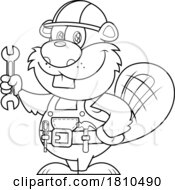 Poster, Art Print Of Worker Beaver Holding A Wrench Black And White Clipart Cartoon